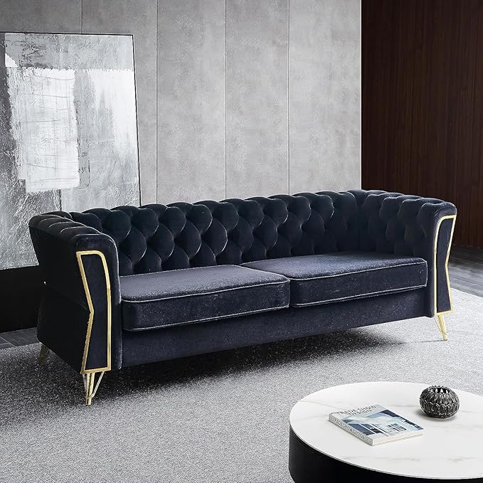 KEVINSPACE 87.4 Velvet Modern Chesterfield Tufted 3 Seater Button Sofa Mid Century with Unique Arms for Living Room Bedroom Small Space - Black