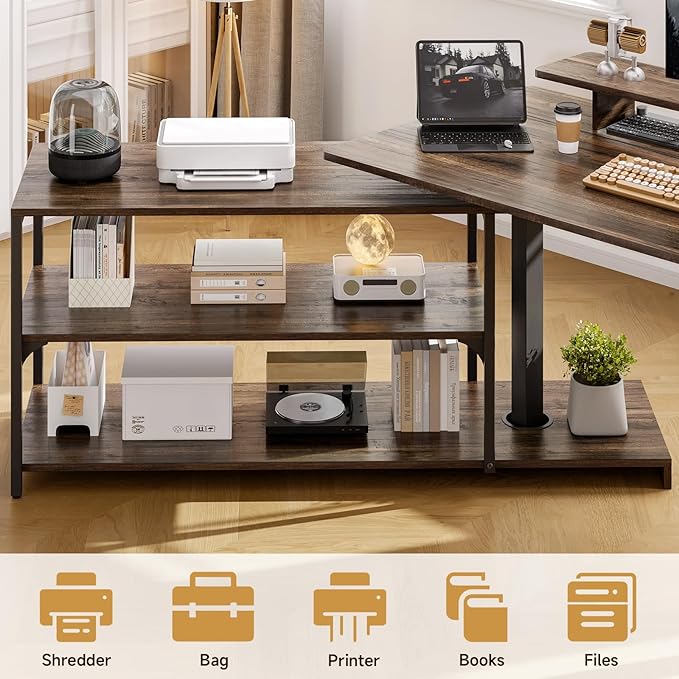ONBRILL L Shaped Standing Desk with File Cabinet 55x24'' Electric Stand Up Desk with Monitor and Storage Shelf Adjustable Height 28-46'' for Home and Computer Workstation Walnut