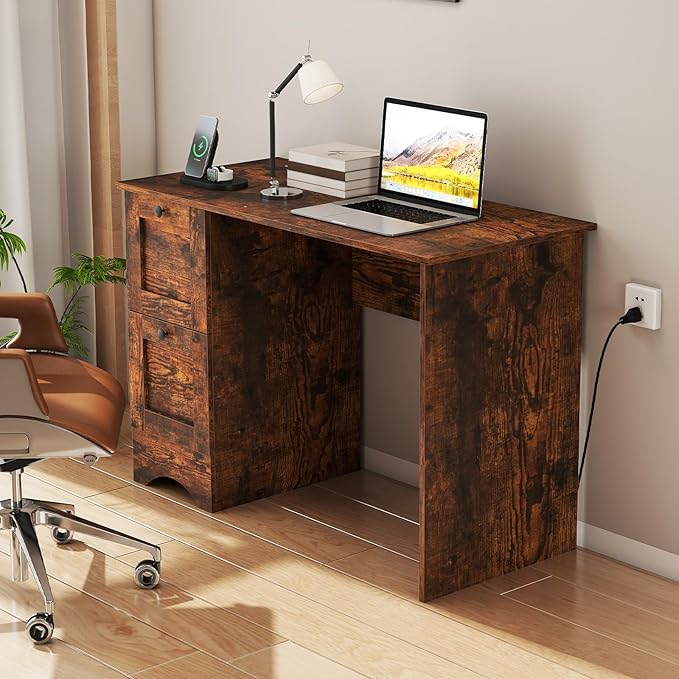 Computer Desk with Power Outlet and Drawers 43 Home Office Desks Farmhouse Writing Study Workstation for Teens Wooden Gaming Table Small Computer Desk for Small Spaces (Rustic Brown)