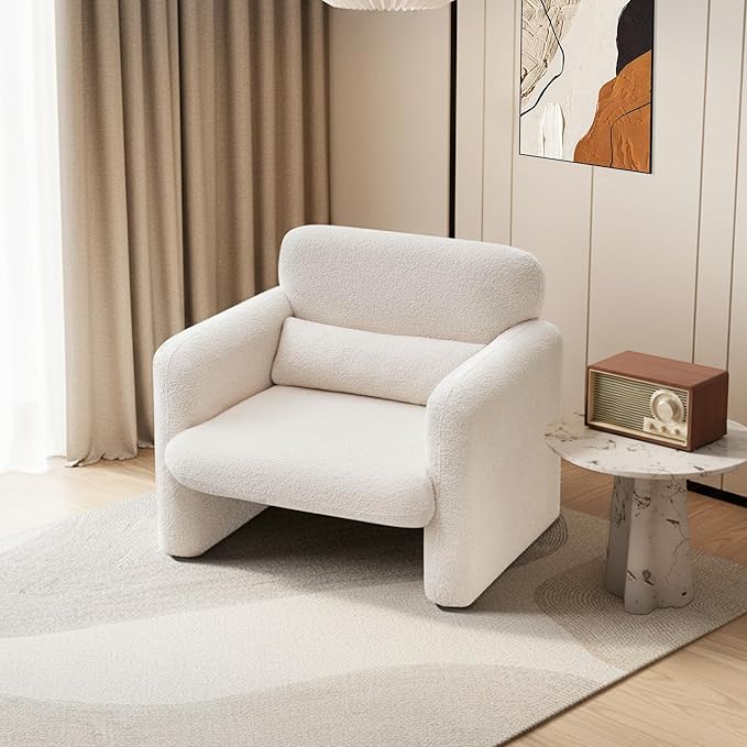 33.86 Accent Chairs Modern Sherpa Fabric Armed Chair Comfy Upholstered Armchair Leisure Single Sofa Chair with a Waist Pillow for Bedroom Office and Living Room