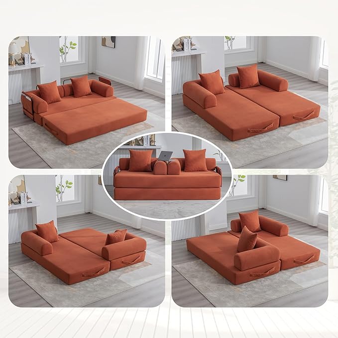 4‑in‑1 Convertible Sleeper Sofa Bed DIY Combination Floor Sofa Lounge Couch with Cylindrical Pillow Corduroy Futon Folding Mattress Couch for Apartment Bedroom Playroom Orange