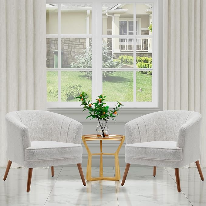 Accent Chairs for Living Room Bedroom Office Upholstered Sherpa Single Sofa Chair Arm Chair Comfy Chair Reading Club Coffee Chair with Metal Legs White