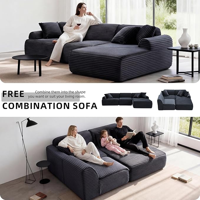 105”Cloud Couch Sectional Sofa Modular Boneless Sofa for Living Room and Apartments Deep Seat Corduroy L Shape Couch with Removable Washable Covers (Black 3 Seater+Right Facing Chaise)