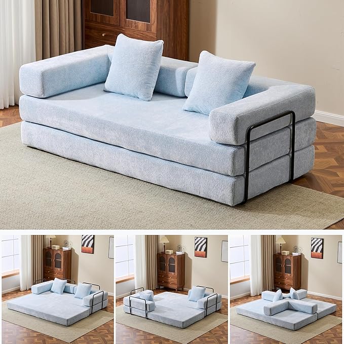 Folding Convertible Sofa Bed 4-in-1 Boneless Couch Sleeper Sofa 76.8'' Chenille Foldable Mattress Couch with Fixed-Shape Frame Floor Sofas Modular Futon Couches for Living Room Light Blue