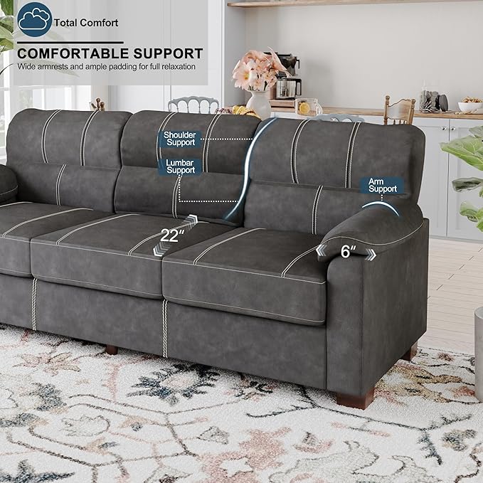 80 Inch Dark Grey Faux Leather Sofa Couch (2 Sets) - Wide Armrests with 2 Pillows Deep Seats Contrast Stitching 3 Seater Leather Couches for Living Room Bedroom Apartment