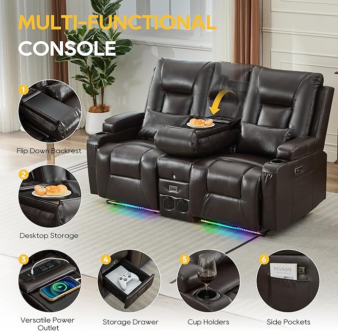 IPKIG Power Recliner Loveseat with Console Zero Wall Hugger Sofa Couch PU Leather 2-Seater Sofa with LED Lights AC Outlets USB Ports Brown | Storage Drawer Bluetooth Speaker Living Room Chair
