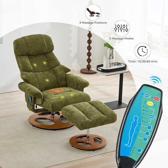 FOXHUNTER Chenille Recliner Chair with Ottoman Modern Massage Swivel Lounge 360° Swivel Rocker Recliner Comfy Modern Accent Arm Chairs for Living Room Bedroom (ChenilleGreen)