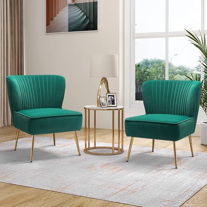 TINA'S HOME Monica Velvet Accent Chair Set of 2 Mid Century Side Chair Comfy Upholstered Living Room Chair with Golden Legs Wingback Armless Slipper Chair for Bedroom Guest Room- Emerald Green
