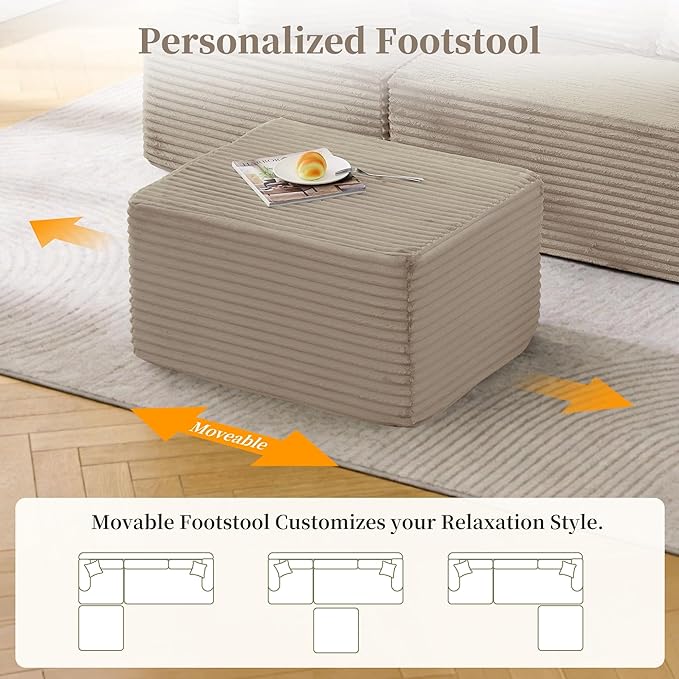 80 Cloud Modular Sectional Sofa with L-Shaped Boneless Couches for Living Room Fluffy Comfy Corduroy Deep Seat with Ottoman Bedroom Apartment No Assembly Required