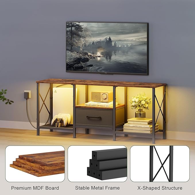 LED TV Stand with Fabric Drawer Entertainment Center for 50 55 Inch TV Industrial TV Console Table with Open Storage Shelves for Living Room Bedroom Rustic Brown