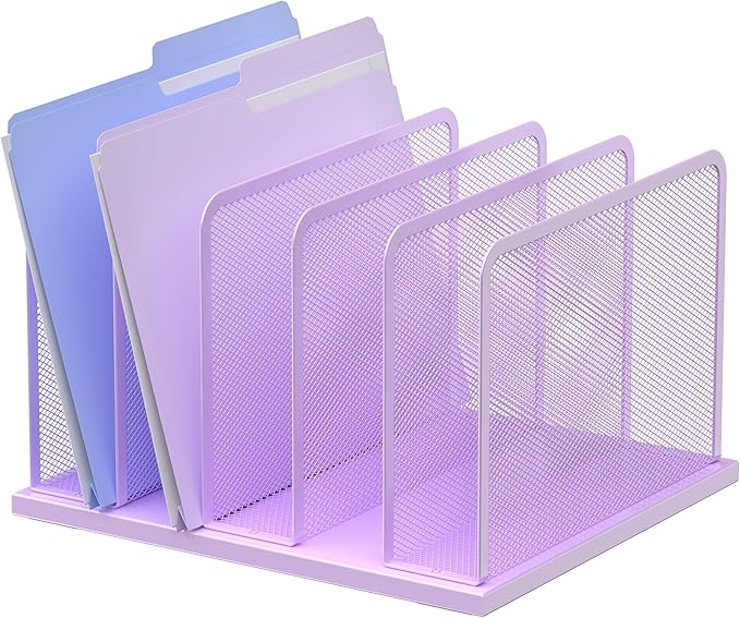 Kuntine.B Desk File Organizer Upright Mesh Desktop Organizer File Sorter Office Organization File Holder for Home Office &amp Classroom (Purple 1 Pack 5-Section)