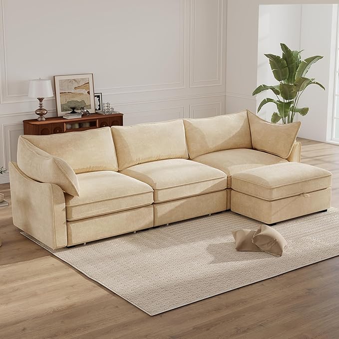 Rovibek 112” L Shaped Couch with Storage Chenille Sofas for Living Room Sectional Couch with Pull Out Drawer &amp Throw Pillows &amp Storage Ottoman Wheat