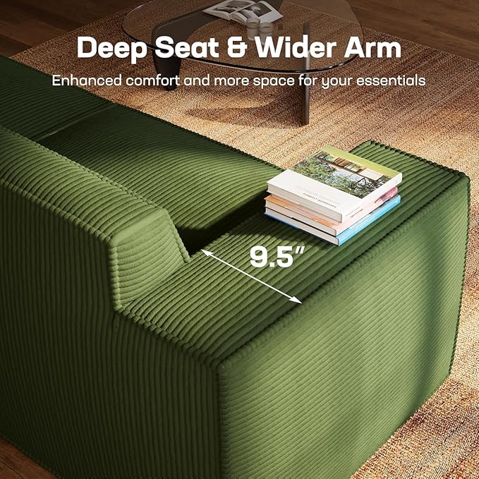 Marsail 111' Modular Sectional Sofa L-Shape Corduroy Cloud Couch with Deep Seat Freely Combinable Boneless Sofa for Living Room No Assembly Required Dark Green