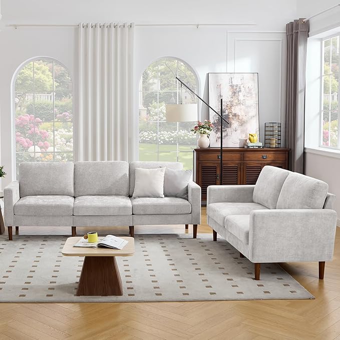 Kingfun 3 Seater Sofa with Loveseat Chenille Couch Mid Century Modern Couches with Solid Wood Legs for Living Room &amp Bedroom Grey