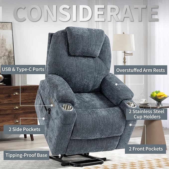 Power Lift Chair with Massage &amp Heat Electric Recliner Chairs for Adults Remote Control Sofa for Living Room Standing Assistance USB Ports Stainless Steel Cup Holders (Chenille Blue)