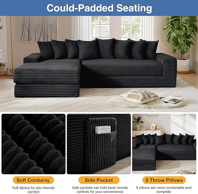 110'' Oversize Cloud Sectional Couches for Living Room Convertible Sleeper Sofa Bed Big Comfy Couch with 2 Side Pockets &amp 8 Pillows Corduroy Free-Combined (Black 110 -Left Facing Chaise)