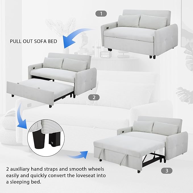 P PURLOVE Upholstered Modern Sofa Bed with Armrest Convertible Sofa Couch with Adjustable Backrest Corduroy Sleeper Bed with 2 Pillows and USB Port Pull Out Sofa Bed for Living Room (Light Blue)