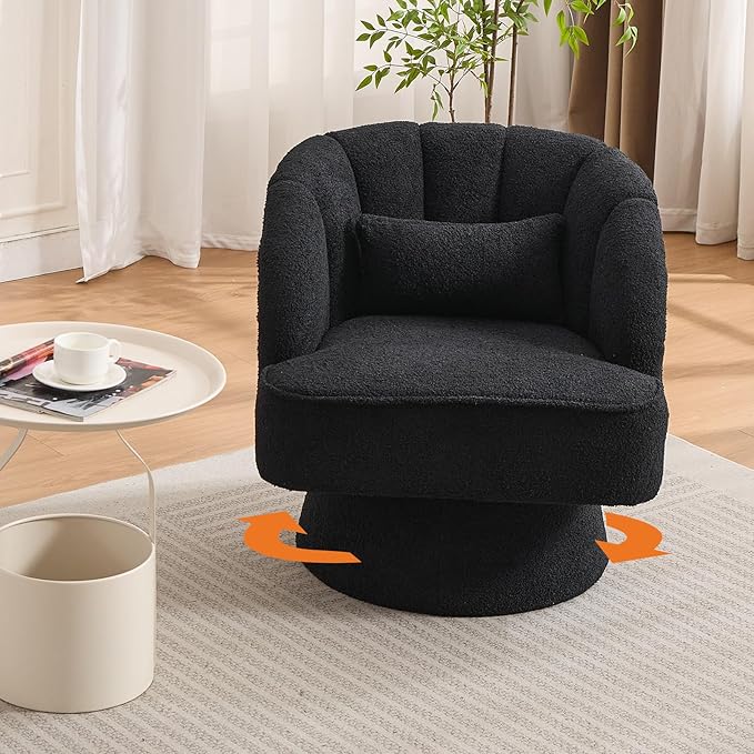 Mid Century Modern Swivel Barrel Chair - 360° Swivel Accent Chair with Plush Teddy Fleece Upholstery &amp Wide Cushioned Seat Round Lounge Sofa Chair for Living Room Bedroom Office (Black 1 PCS)