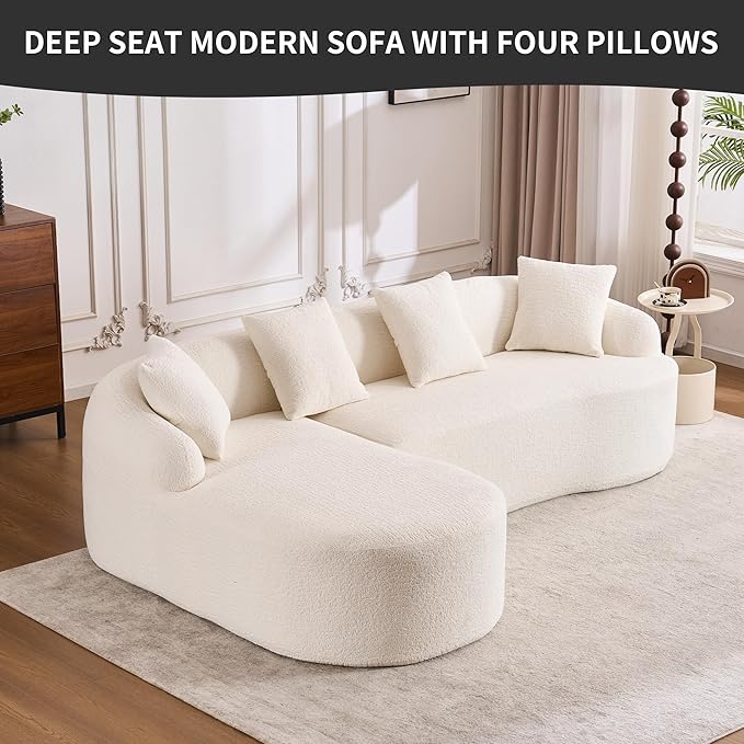 Ball &amp Cast 99 Modern Curved Sectional SofaFull Sponge Compression SofasCombining Chaise Longue with 3-Seater4 Seater Combined Couch W/ 4 Pillowsfor Living RoomApartmentWhite