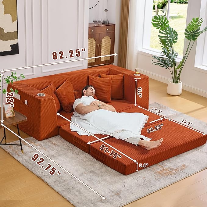 82'' Convertible Sofa Bed 2-in-1 Boneless Sleeper Sofa with Cup Holder &amp Pocket Corduroy Loveseat Sleeper Couch with 5 Pillows Pull Out Couch for Living Room Bedroom No Assembly (Orange)