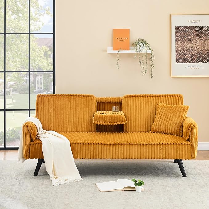 72 Modern Corduroy Sofa Bed FutonConvertible Sleeper Couch Bed with Cup Holder4 Reclining PositionsFolding Sofa Cloud Loveseat for Small Living Room Apartment Office (Orange-New)