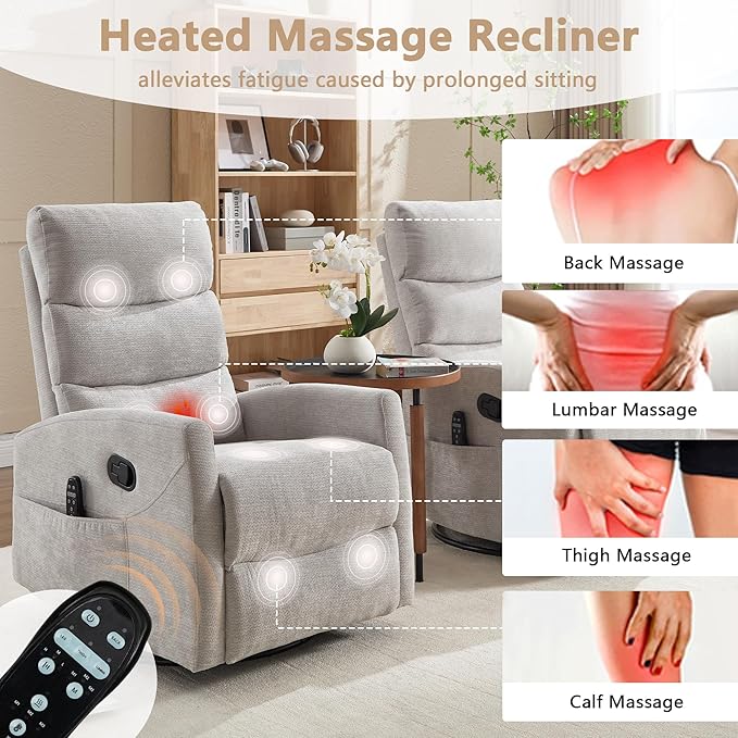cinkehome Small Swivel Rocker Recliner Chair with Heated Massage Upholstered Nursery Glider Recliner Chair High Back Side Pocket (Beige Chenille Fabric)
