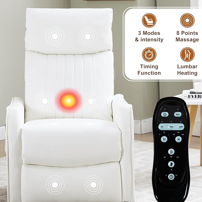 Manual Swivel Rocker Recliner Chair for Adults Overstuffed Glider Chair for Nursery with Massage and Heat Living Room Reclining Chair Faux Leather White