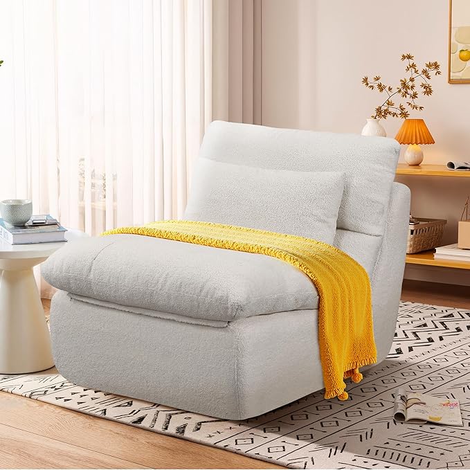 Boneless Single Sofa – 32” Teddy Plush Frameless Lounge Chair with High-Density Foam Support – No Assembly Cloud Couch for Living Room Bedroom &amp Apartment (White)