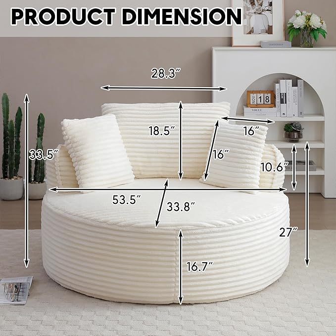 Oversized Round Chair Lounge Chaise Indoor 53.5 Corduroy Boneless Round Chair Fluffy Single Deep Seat Cloud Sofa Chairs Modern Circle Chaise Lounge for Bedroom Living Room Beige White