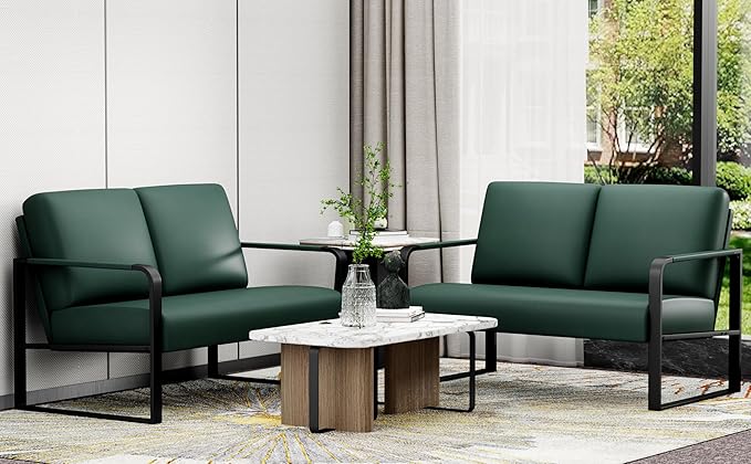 Love Seat Mini Couch Small Settee Loveseat Bench for Living Room Faux Leather Loveseat Sofa Sofa Couches for Small Spaces with Padded Cushion Mid Century Modern Green Love Seats
