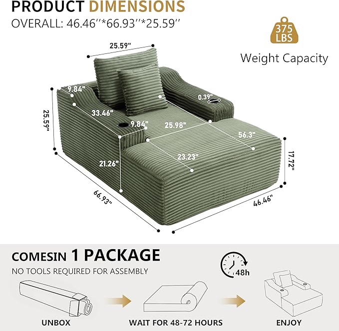 67 Chaise Lounge Chair Indoor Upholstered Corduroy Couch with 2 PillowsComfy Fluffy Cloud CouchSingle Sleeper Sofa Chair for Livingroom (Green 46.5W X 67D)