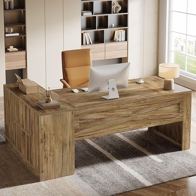 Tribesigns 71 L-Shaped Executive Desk with File Cabinet Large Office Computer Table with Storage Shelves Professional Business Furniture Workstation for Home Office Rustic Brown