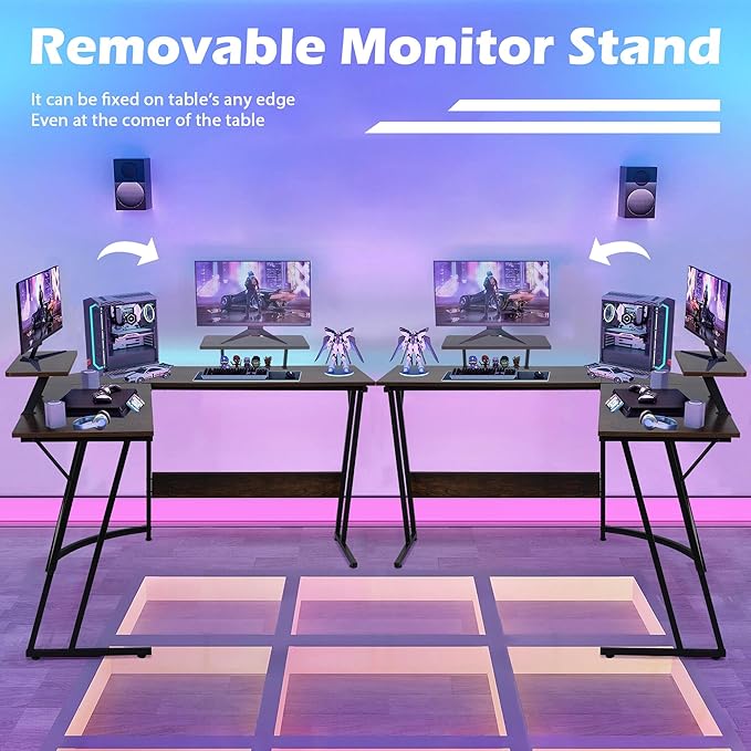 L Shaped Gaming Desk Modern Computer Desk Home Office Desks with Large Monitor Riser Stand Sturdy PC Desk for Bedroom Minimalist Brown 50Inch