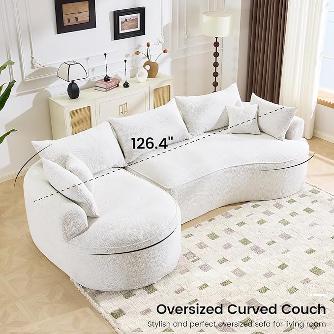 126” Oversized Curved Sectional Sofa L Shaped Chenille Boneless Couch with Deep Seat &amp 7 Pillows for Living Room Bedroom No Assembly Required (White)