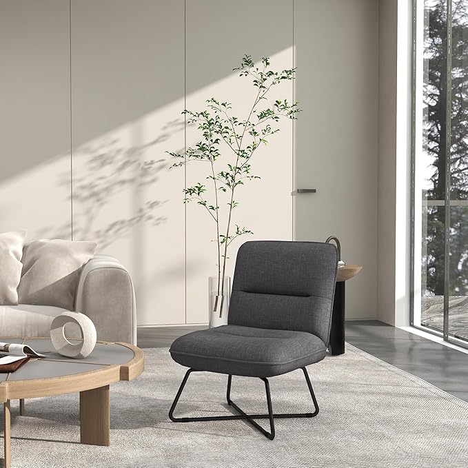 Armless Accent Chair Upholstered Slipper Chair for Living Room with Crossed Steel Legs Dark Gray