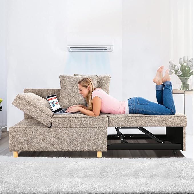 SEJOV Sofa Bed Chair 4-in-1 Convertible Chair Bed 3-Seat Linen Fabric loveseat Sofa with 2 Throw Pillow Single Recliner for Small Space with 5 Adjustable Backrest Brown Grey