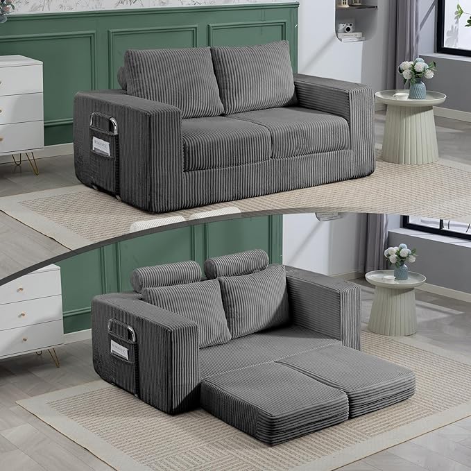 J.C.UP 69'' Convertible Sofa Bed Pull Out Loveseat Sleeper Sofa 2 Seater Boneless Folding Sofa Bed Floor Couch with Deep Seat Chaise Lounge for Living Room Bedroom No Assembly Required Gray