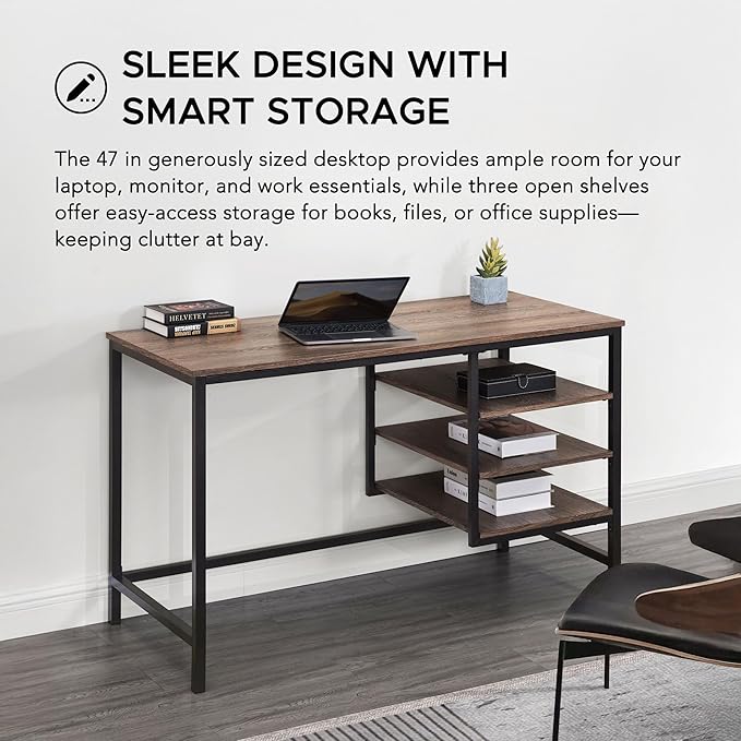 47 Modern Computer Desk Industrial Design Workstation with Wood Table Top Black Steel Frame and Shelves for Home Office Brown