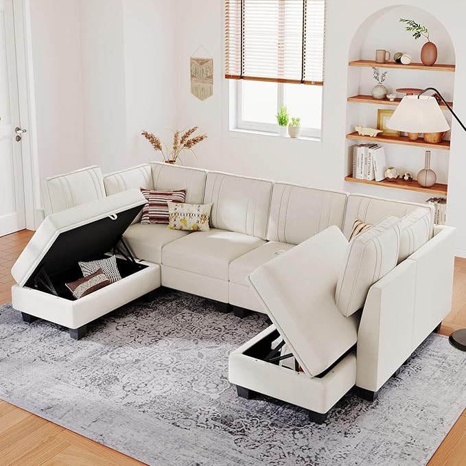 Belffin Sectional Couch with Storage Ottoman Convertible U-Shape Sectional Couch for Living Room Beige