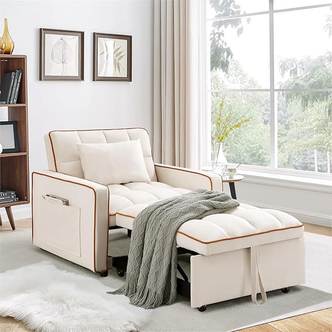 3 in 1 Convertible Sleeper Sofa Chair BedVelvet Tufted Upholstered Pull Out Sleeper Chair with Adjustable Backrest &amp Side PocketsModern Lounger Bed Recliner for Living Room/Office/Small Space(Be
