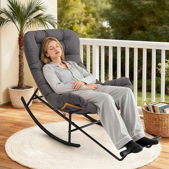 GAOMON Papasan Rocking Chair with Foot Rest Papasan Chair with Thick Removable Cushion and Metal Frame Lounge Chairs and PE Rattan Rocker for Patio Garden Lawn Living Room and Relaxation Space