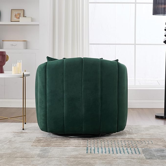 360° Swivel Barrel Chair with Curved Backrest 40 W Velvet Armchair with 3 Soft Pillows Accent Lounge Chair with Channel Tufted Design for Living Room Bedroom Studio Green