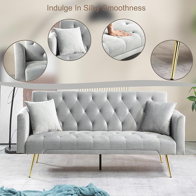 Anwick Modern Velvet Sofa Bed Futon with 2 Pillows2-in 1 Convertible Sleeper Couch BedFolding Recliner Loveseat with Golden Metal Legs for Living Room Apartment Office (Grey)