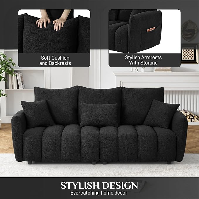 OUYESSIR Boucle Sofa Cloud Couch 80.2 Modern Comfy Teddy Sofa Deep Seat Futon Couch with Pillows Soft Upholstered 3 Seater Sofa Oversized Loveseat Sofas for Living Room Apartment Black