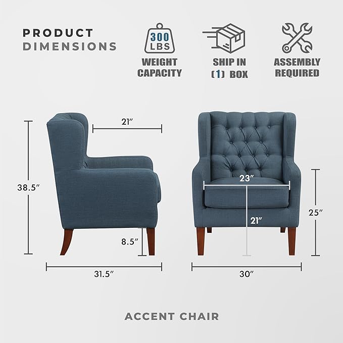 Lexicon Living Room Accent Chair Button Tufted Wingback Track Arm Reversible Seat Cushion Solid Wood Legs Textured Fabric Comfy Armchair for Bedroom/Office Easy Assembly Blue