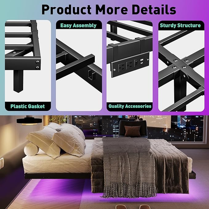 Floating Bed Frame with LED Lights and Charging Station 10 Inch King Size Floating Bed Frame King Platform Bed Frame No Box Spring Needed Easy to Assemble