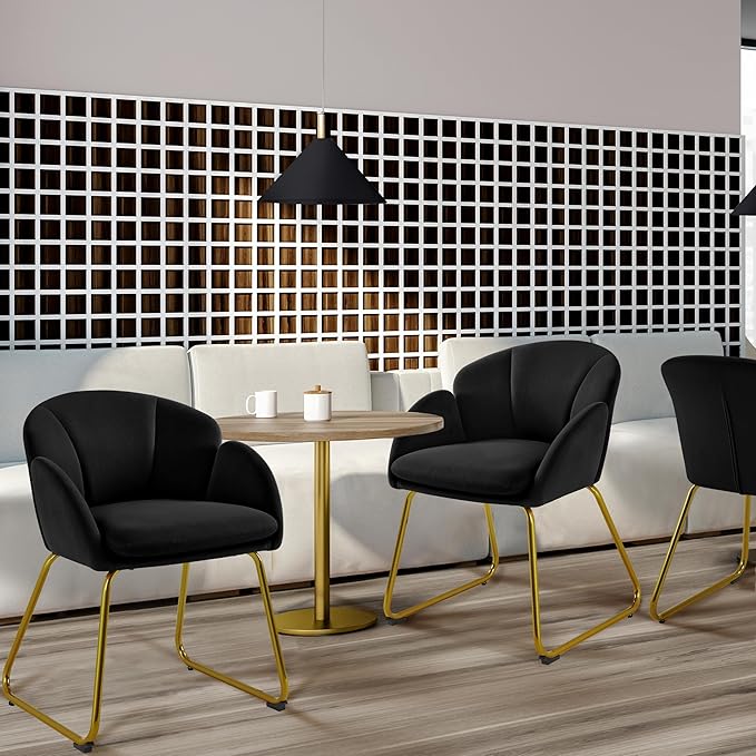 Yaheetech Velvet Living Room Chair Flower Shaped Armchair with Golden Legs Upholstered Side Chair for Vanity Room Living Room Kitchen Dining Room Set of 2 Black