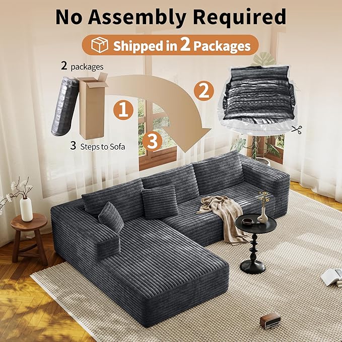 107 Modular Sectional Couches for Living Room Comfy L-Shaped Boneless Cloud Couch with Chaise Modern Deep Seat Corduroy Floor Sofa No Assembly Required (Left Facing Chaise Grey) | High-density sp