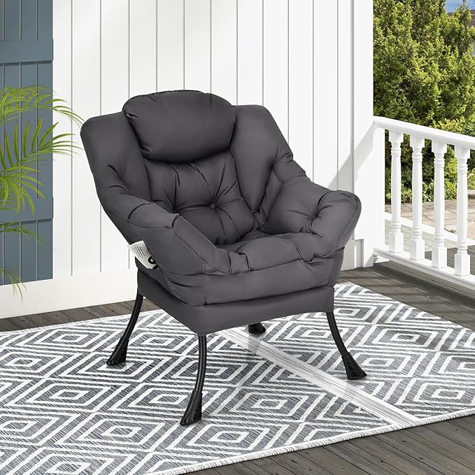 GORELAX Modern Lazy ChairUpholstered Lounge Accent Chair Single Leisure Sofa Chair with Armrests &amp Side Pocket Comfy Reading Chair for Bedroom Living Room Dorm Room (Grey)