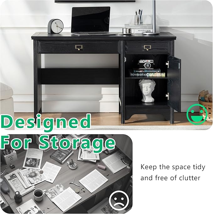Chogori 47 Solid Wood Executive Desk Farmhouse Office Computer Desk with 2 Drawers &amp Storage Cabinet Wooden Writing Table for Home Office Study Bedroom Black
